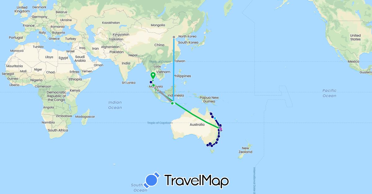 TravelMap itinerary: driving, bus, plane, train, boat in Australia, China, Indonesia, Malaysia, Singapore, Thailand (Asia, Oceania)